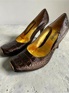 VINTAGE J. Renee Sienna Brown Croc Square Capped Toe Heels Pumps Y2K Size 9M